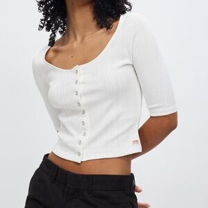 Levi's White Ribbed Button-Front Crop Top